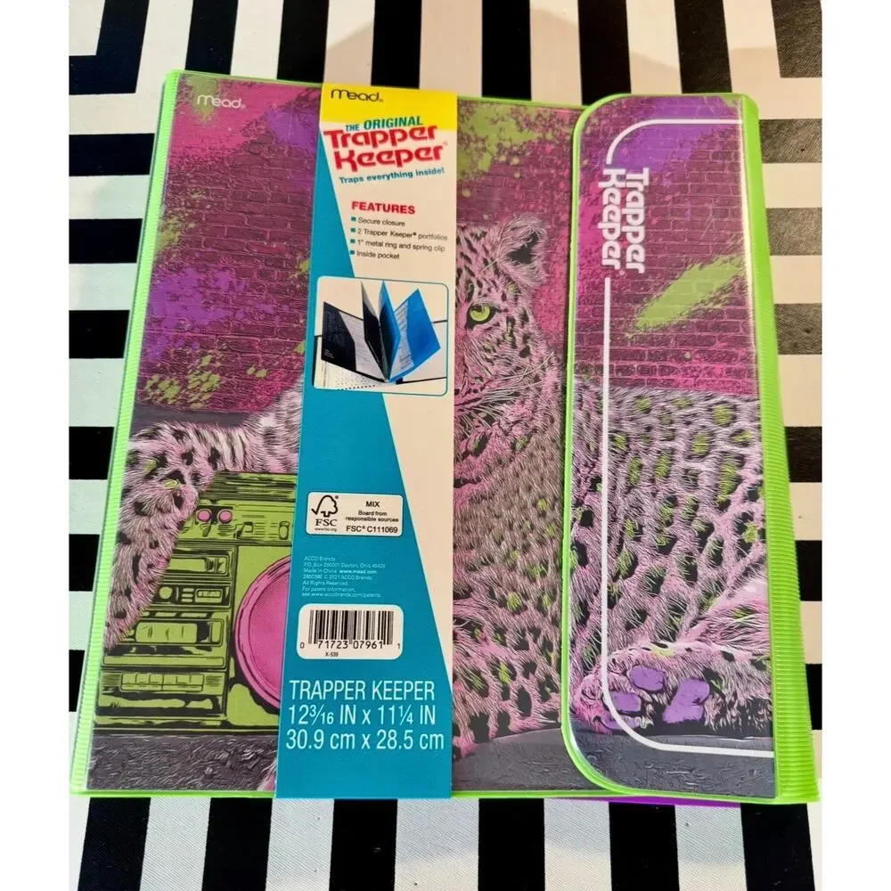 Mead Trapper Keeper Neon 90s Retro Cheetah Boombox Lisa Frank Binder/Folders-NEW